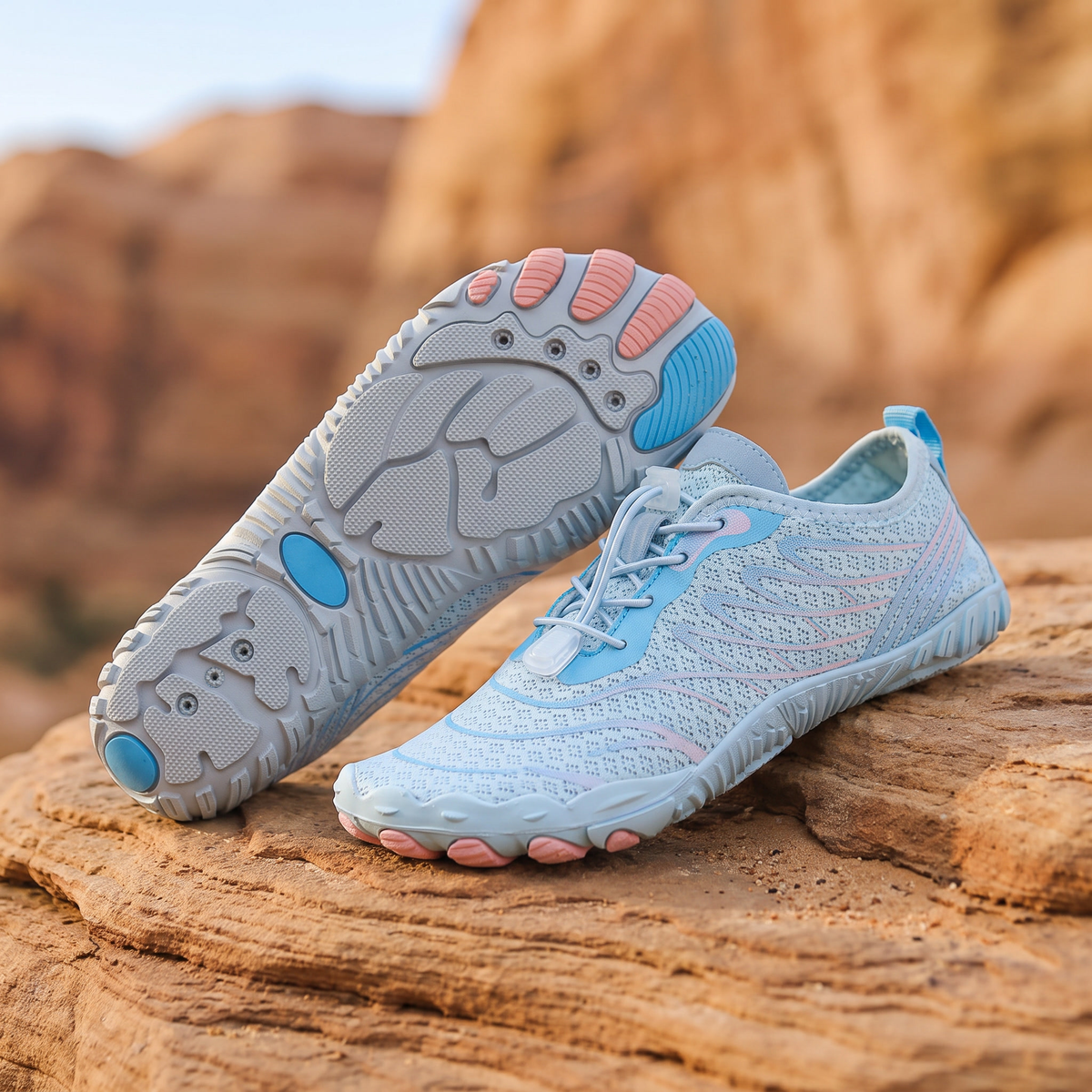 Ice Blue water trekking shoes on warm sandstone rock