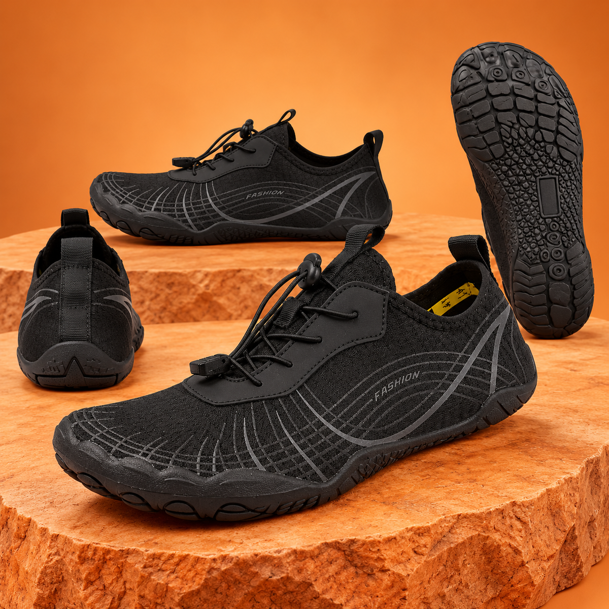 SteppX L2028 black multiple angles on orange background